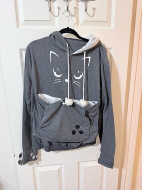 Cozy Cat Pocket Hoodie - Gray